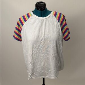 SHEIN White Tee with Rainbow Sleeves